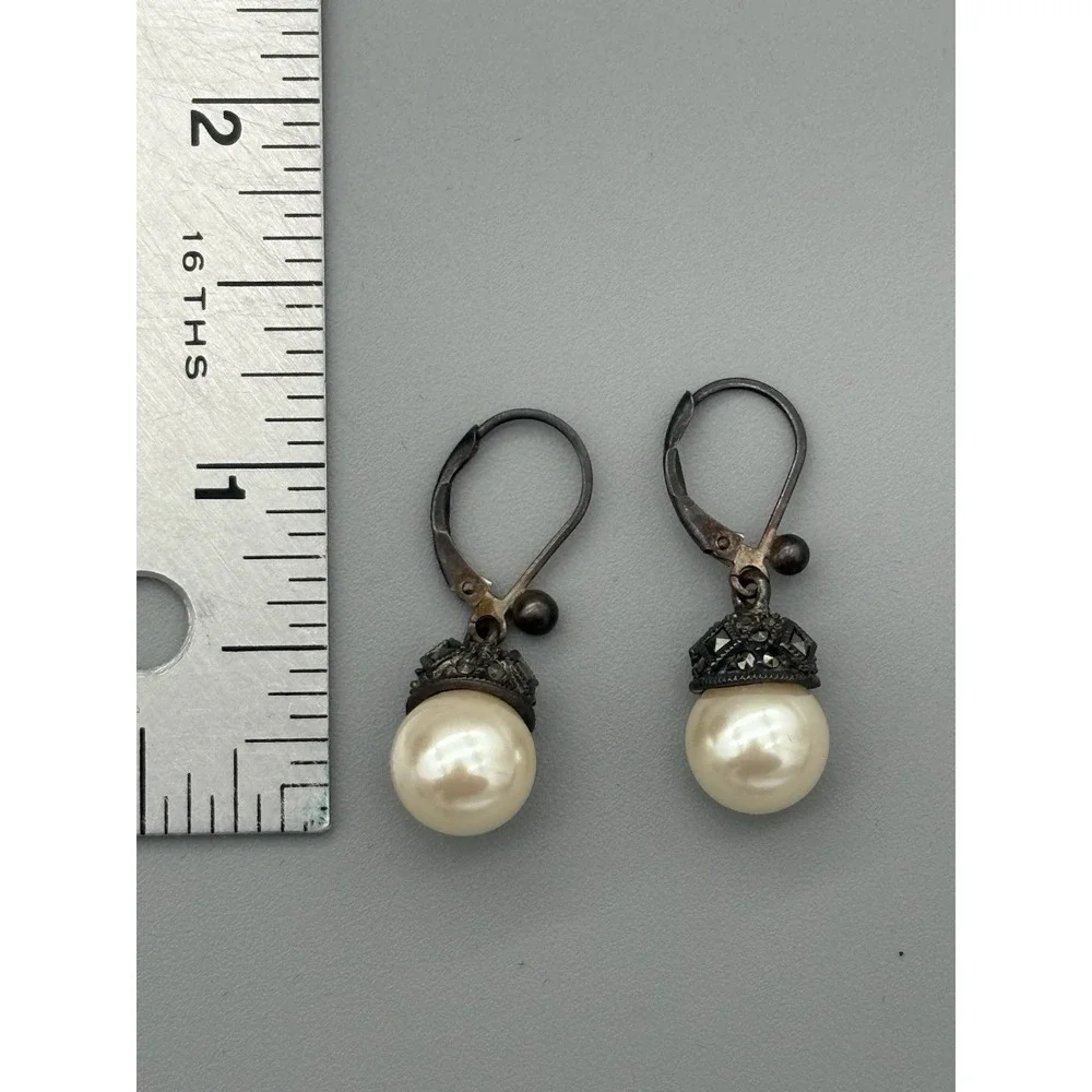 Sterling Silver Judith Jack Marcasite Necklace & SS‎ Faux Pearl Earrings 30g 9
